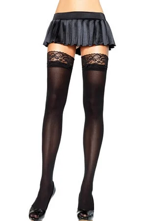 Women's Faux Leather Tight Trousers with Studded Details in Brown for an Edgy StyleOpaque Thigh Highs with Lace Top