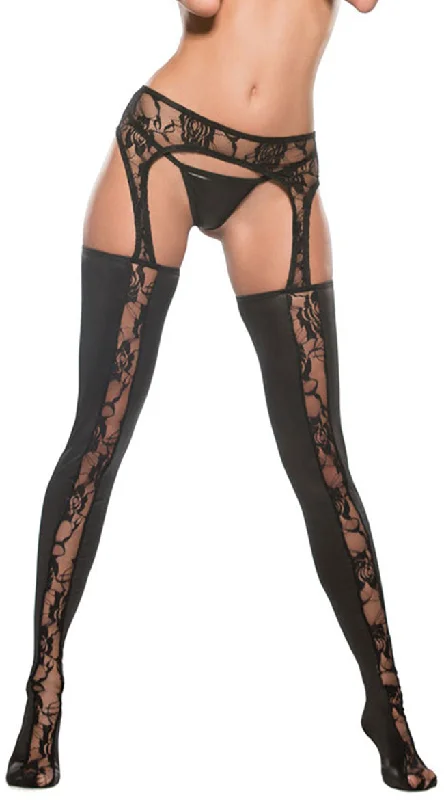 Women's Faux Leather Tight Trousers with Studded Details in Brown for an Edgy StyleWet Look and Lace Gartered Tights