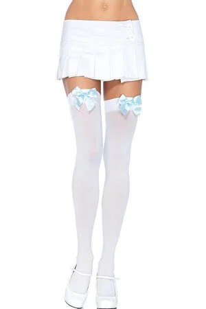 Women's High - Waisted Tight Trousers with Side Slits in Beige for a Trendy LookWhite and Blue Opaque Thigh High with Bow