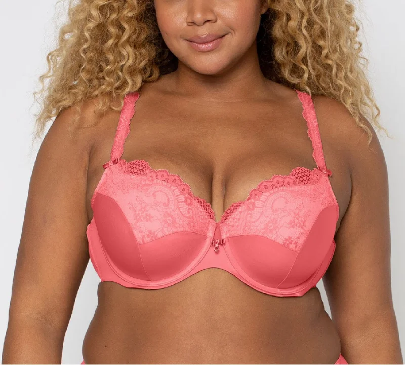 Bra with a detachable strap for easy washing​ Curvy Couture Tulip Lace Sun Kissed Coral Balconette Bra 1017