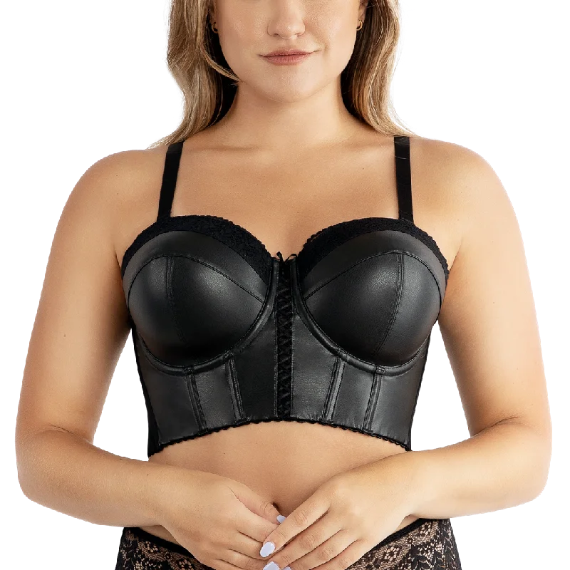Bra with a plus - size underbust band for a secure fit​ Parfait Stevie Black Longline Faux Leather Longline Bustier Bra P50120
