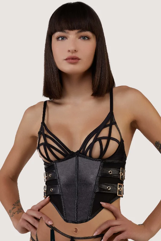plus size bralette bras for comfortBlack Vegan Leather Belted Underbust Corset
