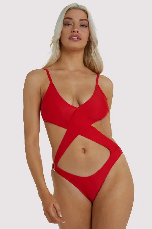 Bra with a plus - size long - line design for a slimming effect Red Wrap Cut Out Swimsuit Bra with a plus - size long - line design for a slimming effect Red Wrap Cut Out Swimsuit